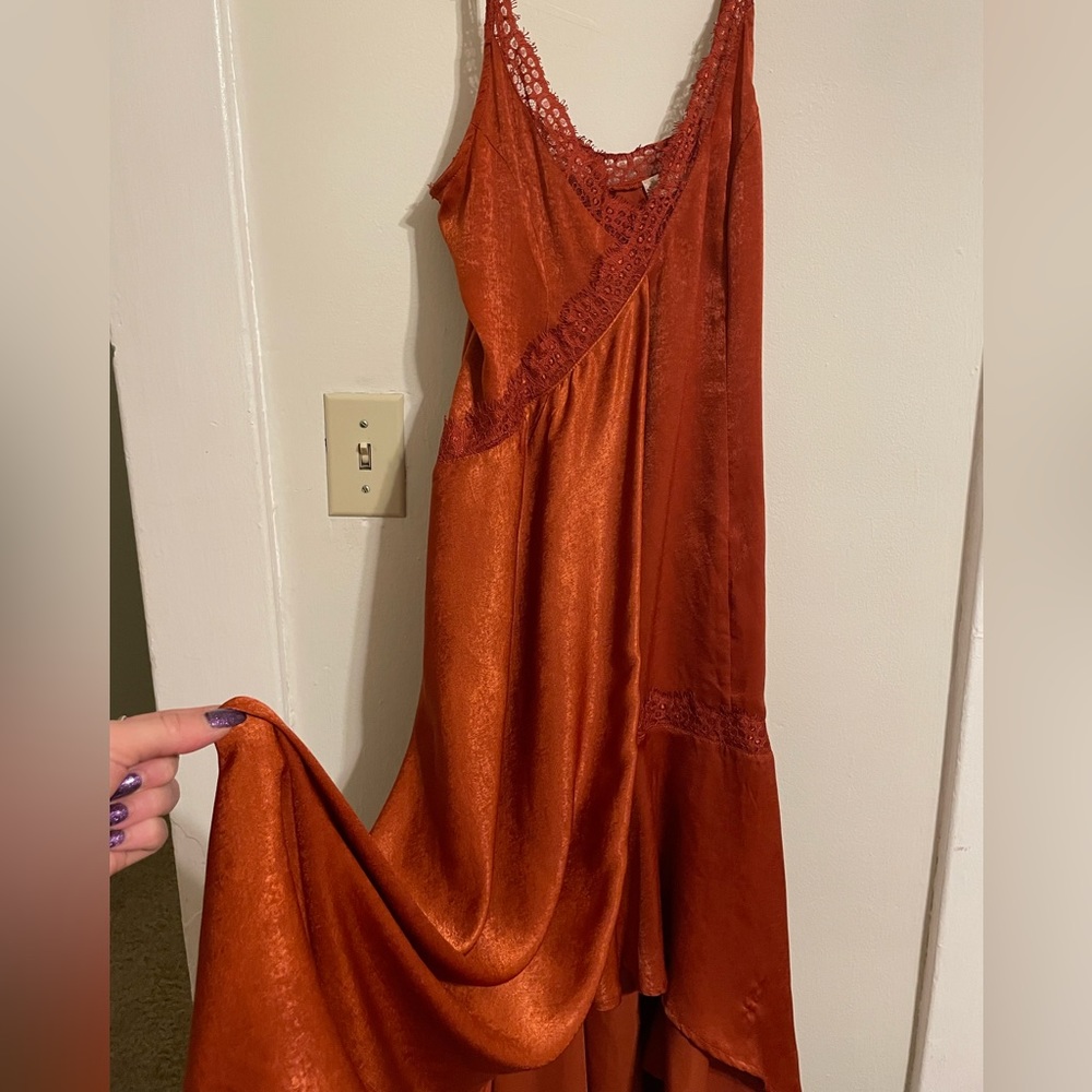 SALE! Satin Gown Elegant Amber Orange Satin Long Dress with lace accents